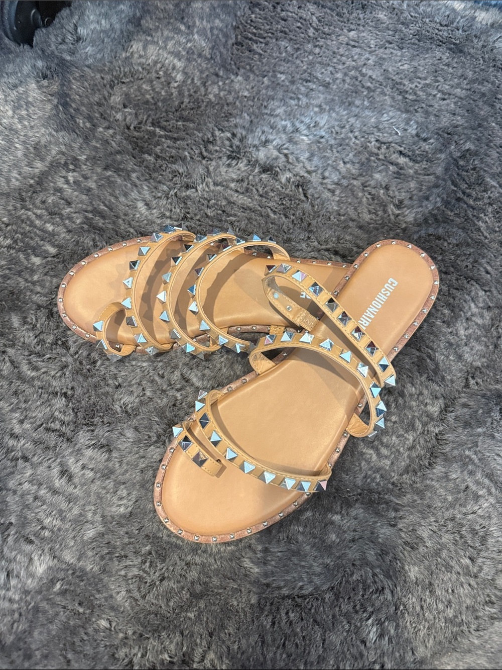 Stud-Embellished Tan Slide Sandals